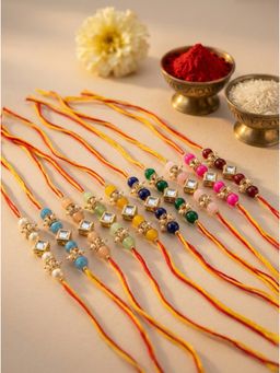 Karatcart - Square Kundan Multi-Color Beaded Rakhi with Roli & Chawal (Pack of 10)