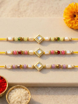 Karatcart - Multi-Color Pastel Beads Kundan Rakhi with Roli & Chawal (Pack of 3)