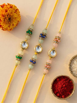 Karatcart - Multi-Color Beaded Polki Kundan Rakhi with Roli Chawal (Pack of 3)