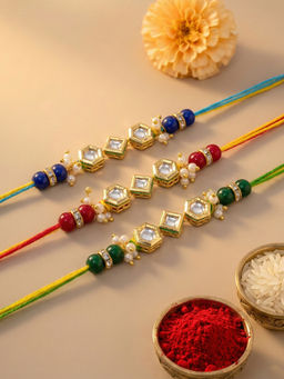 Karatcart - Multi-Color Beads Polki Kundan Rakhi with Roli & Chawal (Pack of 3)