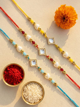 Karatcart - Multi-Color Beaded Square Kundan Rakhi with Roli & Chawal (Pack of 3)