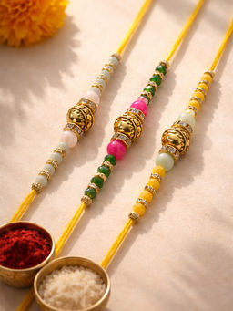 Karatcart - Multi-Color Beaded Kundan Rakhi with Roli & Chawal (Pack of 3)