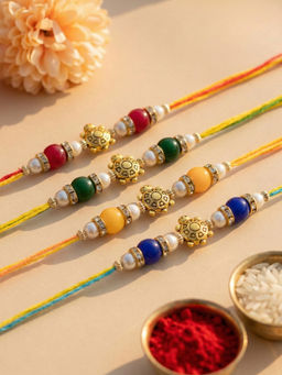 Karatcart - Multi-Color Turtle Charm Beaded Kundan Rakhi with Roli & Chawal (Pack of 4)