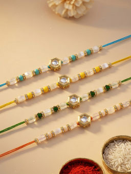 Karatcart - Multi-Color Pearl Beads Hexagon Polki Kundan Rakhi with Roli & Chawal (Pack of 4)