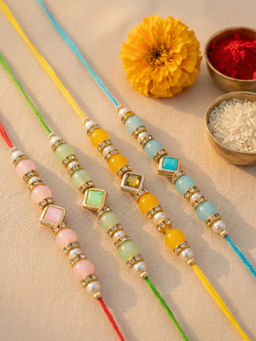 Karatcart - Multi-Color Pastel Beaded Kundan Rakhi with Roli Chawal (Pack of 4)