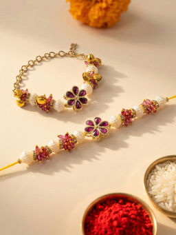 Karatcart - Multi-Color Gold Plated Floral Crystal Bhaiya Bhabhi Rakhi with Roli & Chawal (Pack of 2)
