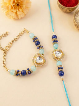 Karatcart - Gold Plated Aqua Blue Beads Polki Bhaiya Bhabhi Rakhi with Roli & Chawal (Pack of 2)