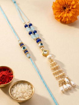 Karatcart - Gold Plated Evil Eye Blue Beads & Pearl Bhaiya Rakhi & Lumba with Roli & Chawal