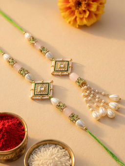 Karatcart - Gold Plated Green Pink Beads Bhaiya Rakhi & Lumba with Roli & Chawal