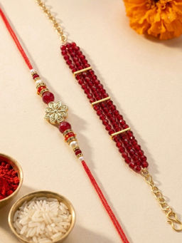 Karatcart - Gold Plated Red Crystal Floral Bhaiya Bhabhi Rakhi with Roli & Chawal (Pack of 2)