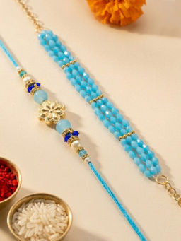Karatcart - Gold Plated Blue Crystal Floral Bhaiya Bhabhi Rakhi with Roli & Chawal (Pack of 2)