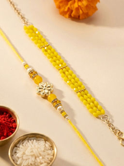 Karatcart - Gold Plated Yellow Crystal Floral Bhaiya Bhabhi Rakhi with Roli & Chawal (Pack of 2)