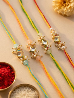 Karatcart - Multi-Color Pastel Pearl Beads Square Polki Kundan Rakhi with Roli & Chawal (Pack of 4)