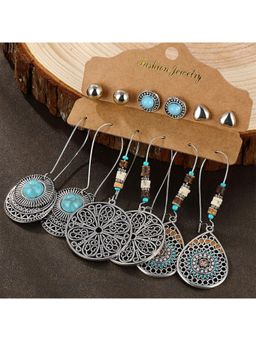 Yellow Chimes - Set Of 6 Pairs Of Silver-Toned and Blue Earrings Set