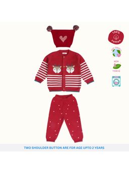 Kids of Greendeer - Unisex Red Printed Sweater with Joggers and Cap (Set of 3)