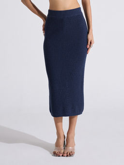 MIXT by Nykaa Fashion - Navy Blue High Waist Back Slit Midi Skirt