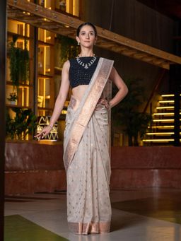 Beatitude - Grey Gold-Toned Ethnic Motifs Saree with Unstitched Blouse