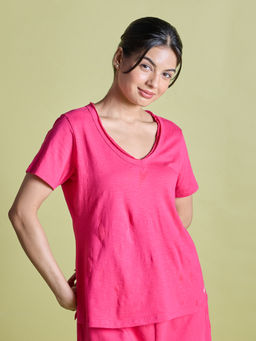 Nykd by Nykaa - V Neck Slub Cotton Tee -NYLE512-Raspberry Sorbet