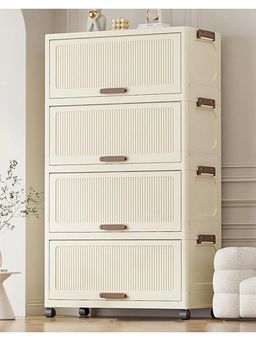 House of Quirk - 4 Tier Storage Cabinet with Wheels Foldable Wardrobe Organizer