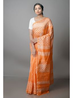 Unnati Silks - Orange Pure Block Printed Chanderi Sico Saree with Unstitched Blouse