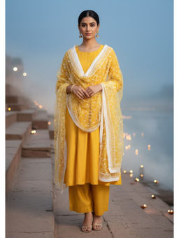 Cotton Culture - Women Yellow Solid Embroidered Kurta with Palazzo and Dupatta