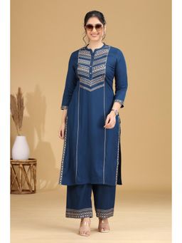 Cotton Culture - Women Navy Blue Embroidered Thread Work Kurta with Palazzo