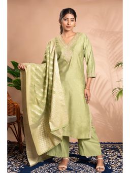 Cotton Culture - Women Green Embroidered Sequined Work Kurta with Palazzo and Dupatta