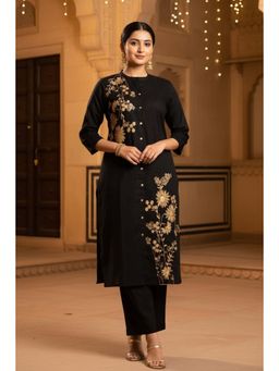 Cotton Culture - Women Black Floral Embroidered Kurta with Palazzo and Dupatta