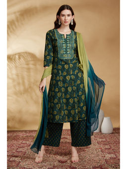 Cotton Culture - Women Teal Floral Embroidered Kurta with Palazzo and Dupatta