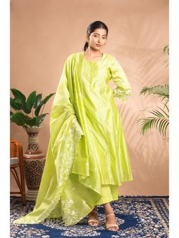 Cotton Culture - Women Green Polka Dots Embroidered Kurta with Palazzo and Dupatta