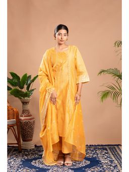 Cotton Culture - Women Yellow Polka Dots Embroidered Kurta with Palazzo and Dupatta