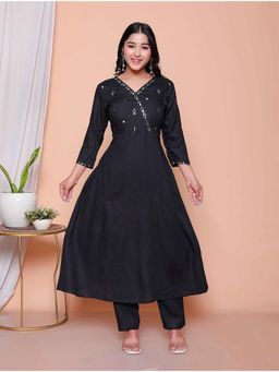Doriyaan - Women Black Embroidered Mirror Work Kurta with Pant