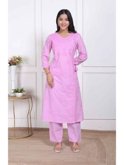 Doriyaan - Women Pink Embroidered Chikankari Angarkha Kurta with Pant