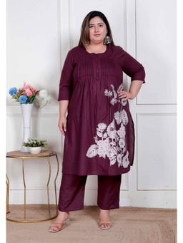 Doriyaan - Women Wine Floral Printed Kurta with Pant