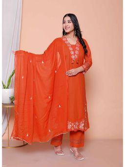 Doriyaan - Women Rust Floral Embroidered Kurta with Pant and Dupatta