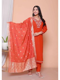 Doriyaan - Women Orange Embroidered Sequined Work Kurta with Pant and Dupatta