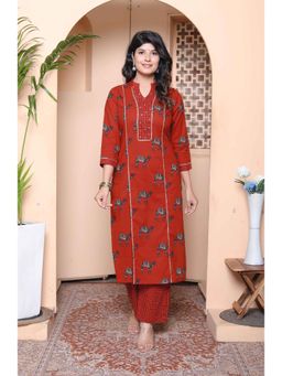 Doriyaan - Women Rust Printed Sequined Work Kurta with Pant