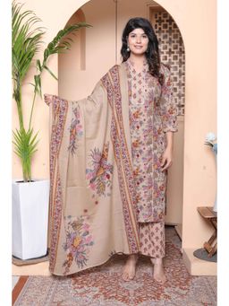 Doriyaan - Women Beige Floral Sequined Work Kurta with Pant and Dupatta