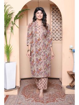 Doriyaan - Women Beige Floral Sequined Work Kurta with Pant