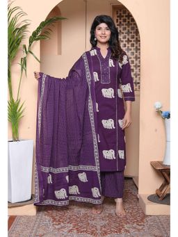 Doriyaan - Women Purple Printed Sequined Work Kurta with Pant and Dupatta