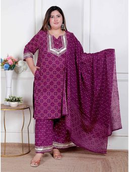 Doriyaan - Women Purple Bandhani Printed Kurta with Palazzo and Dupatta