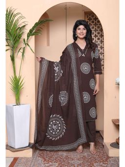 Doriyaan - Women Brown Printed Kurta with Pant and Dupatta