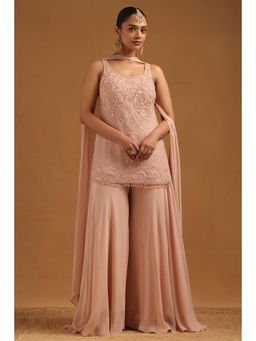 Soch - Women Peach Sequined Beads-Stones Work Kurti with Palazzo and Dupatta