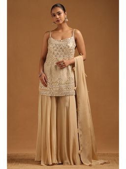 Soch - Women Beige Embroidered Mirror Work Kurti with Palazzo and Dupatta