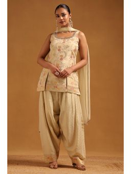 Soch - Women Cream Floral Beads-Stones Work Kurti with Salwar and Dupatta