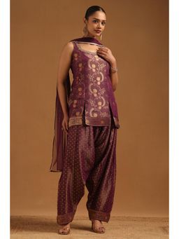Soch - Women Purple Floral Beads-Stones Work Kurti with Salwar and Dupatta