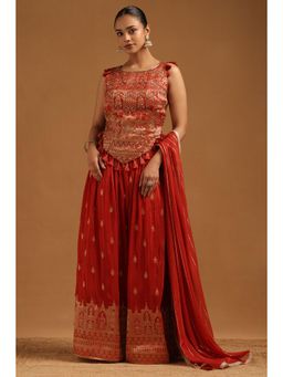 Soch - Women Orange Woven Sequined Work Top with Palazzo and Dupatta