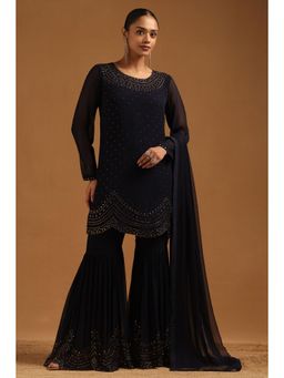 Soch - Women Navy Blue Sequined Beads-Stones Work Kurti with Sharara and Dupatta