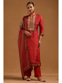 Soch - Women Red Floral Sequined Work Kurta with Pant and Dupatta