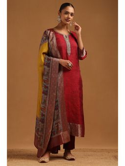 Soch - Women Maroon Stripes Zari Kurta with Pant and Dupatta